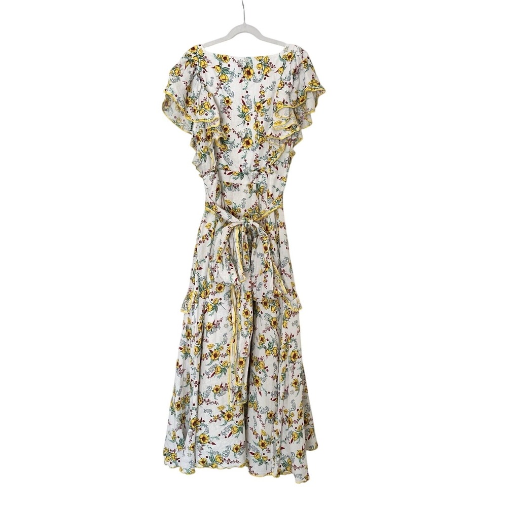 Gul Hurgel Floral White Yellow Ruffle 100% Linen Dress Pinafore Pockets Small - Picture 11 of 16